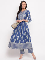 Jharokha Indigo printed Anarkali Kurta and Pants Set
