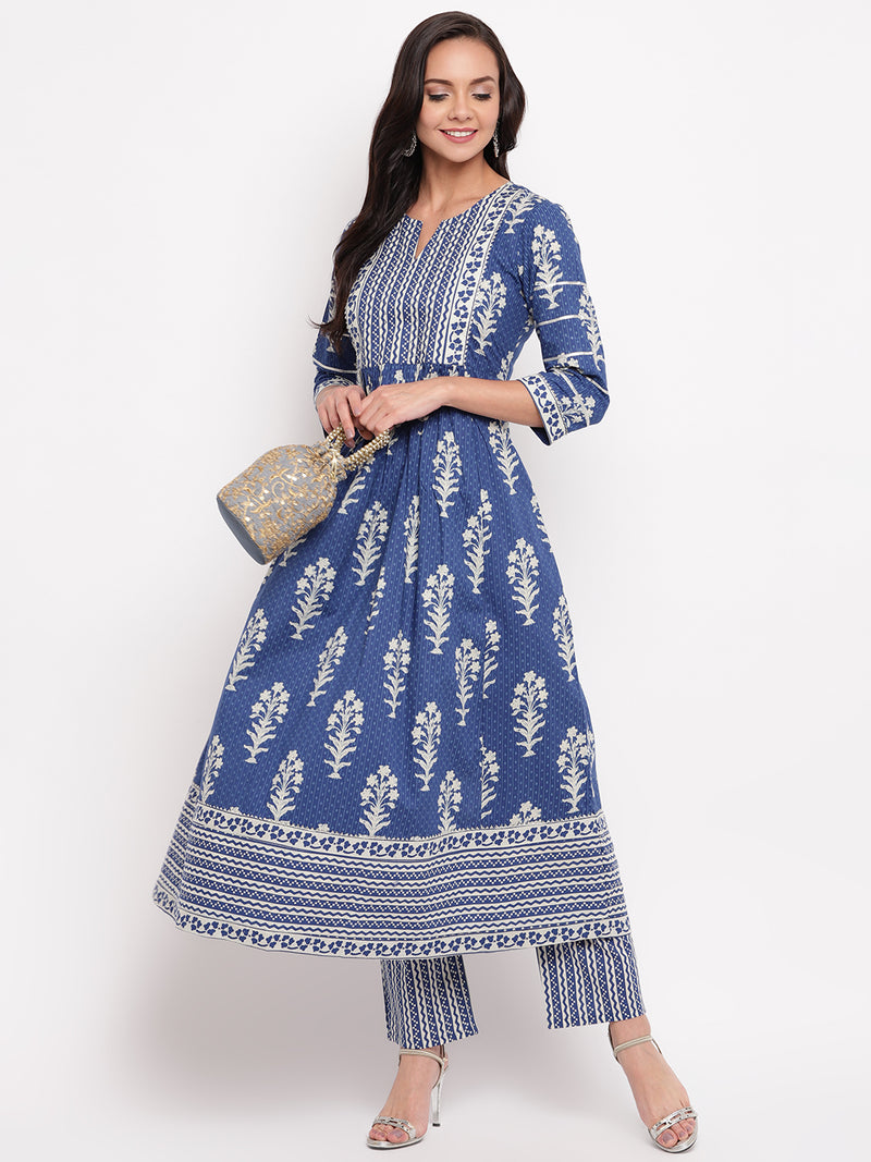 Jharokha Indigo printed Anarkali Kurta and Pants Set
