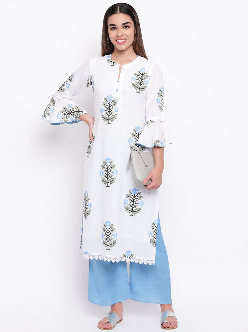 whl White Rayon Printed Kurta & Palazzo Set