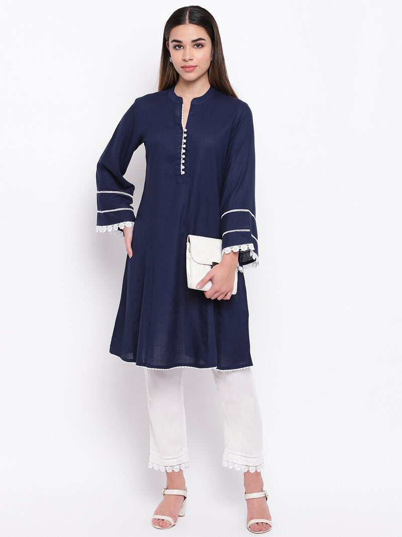whl Navy Blue Rayon Pakistani Kurta-Palazzo Set