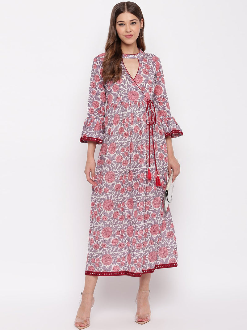 whl White Printed Choker Neck Dress With Mirror Lace Detailing