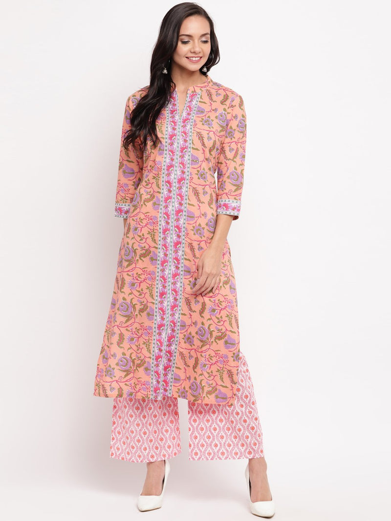 whl Peach Floral Printed Kurta-Palazzo Set