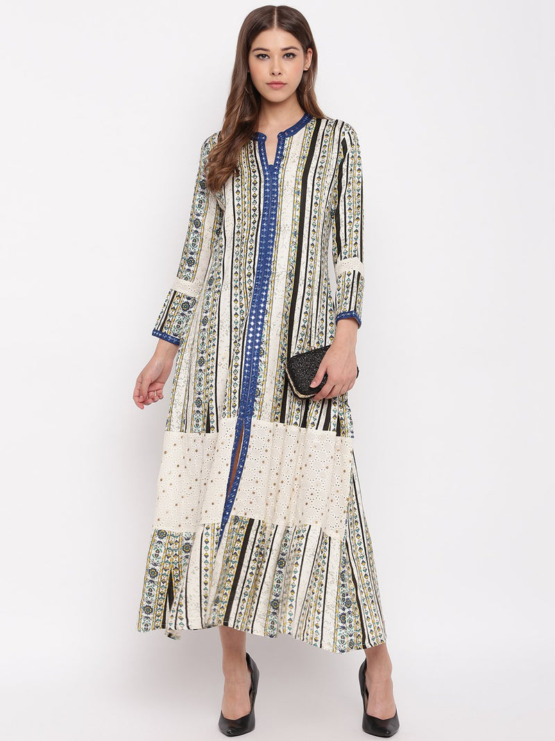 whl White Printed Front-Slit Dress