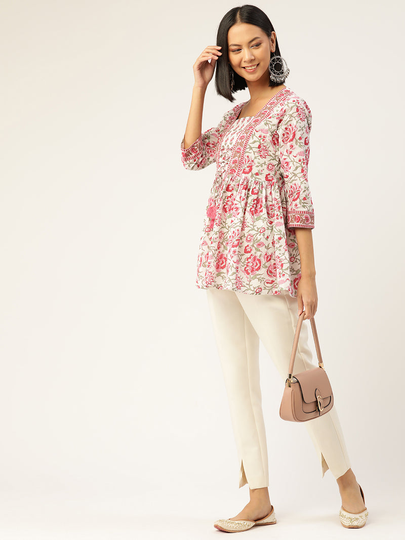 White & Pink Floral Print Top