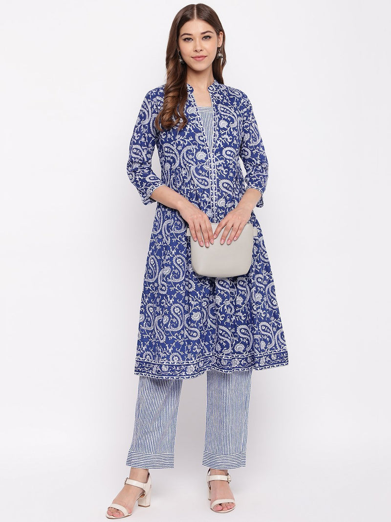 whl Blue Paisley Printed Kurta-Pants Set