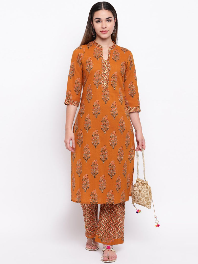 whl Mustard Printed Cotton Kurta-Palazzo Set