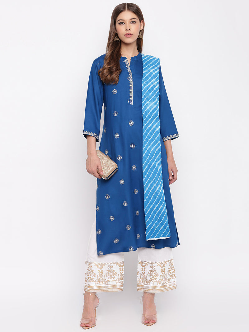 whl Blue rayon embroidered kurta with palazzo and dupatta