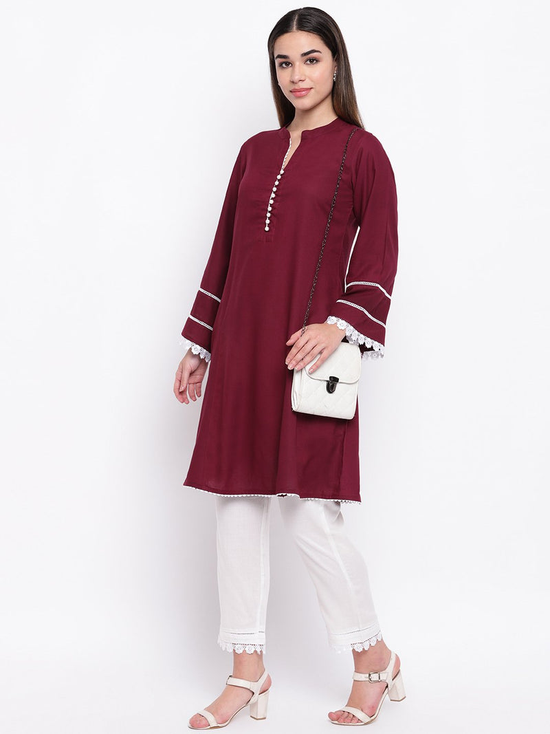 whl Maroon Rayon Pakistani Kurta-Palazzo Set