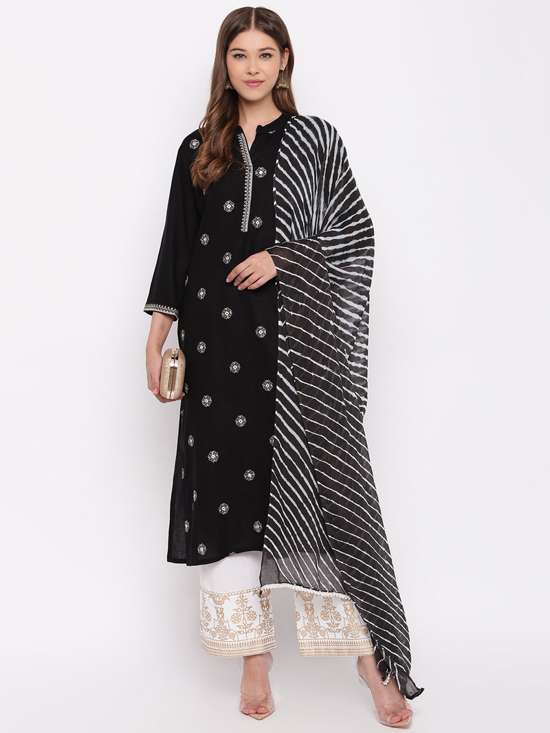 whl Black rayon embroidered kurta with palazzo and dupatta