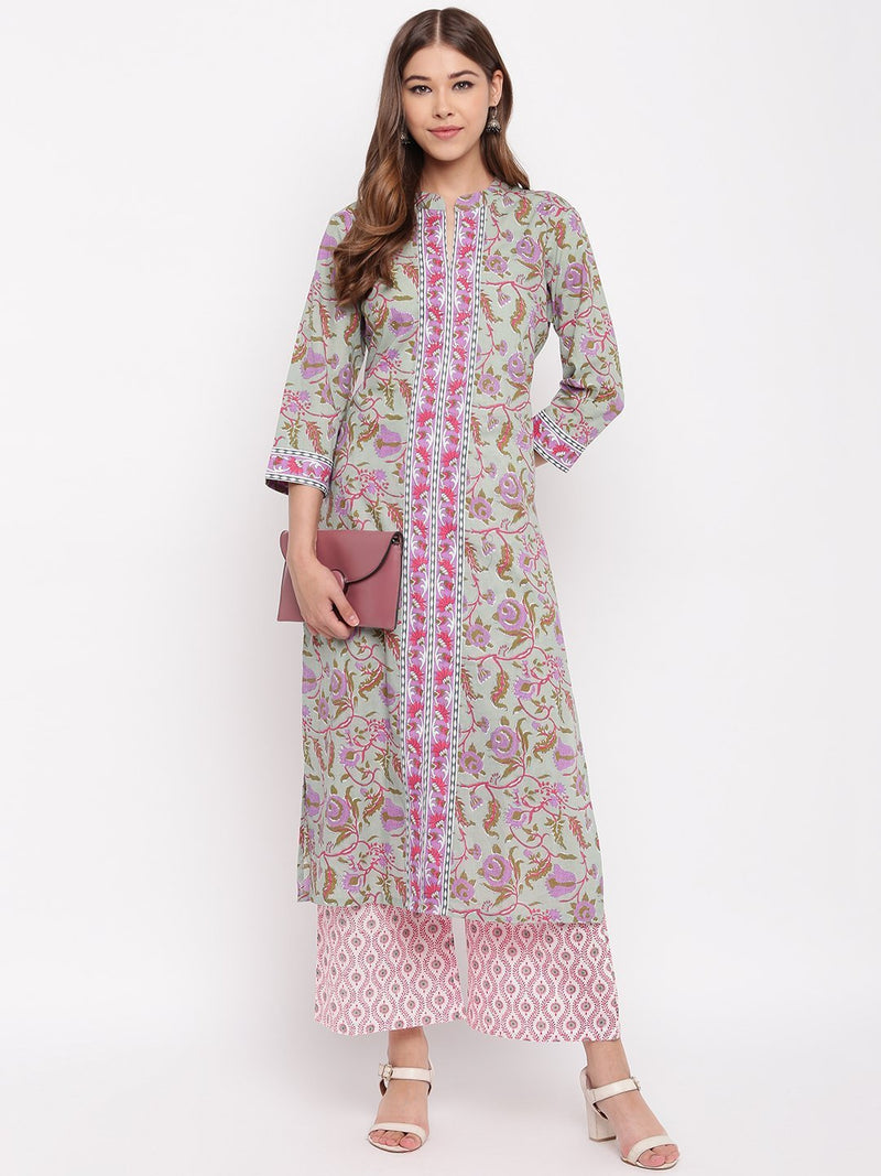 whl Green Floral Printed Kurta-Palazzo Set