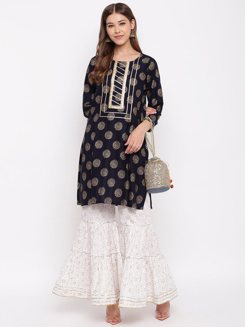 whl Rayon Gold Print Kurti And Gharara Set
