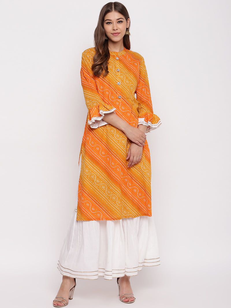 Yellow bandhani kurta-skirt set