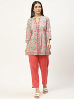 Green & Pink Print Mandarin Collar Cotton A-line Top