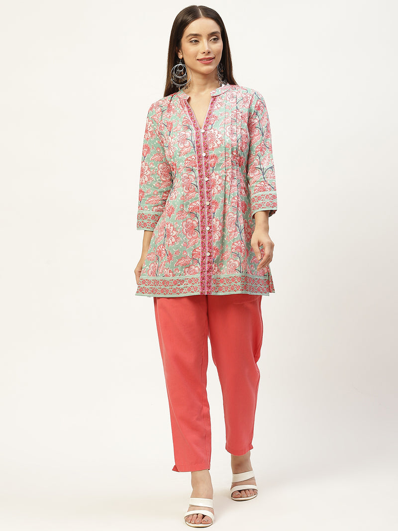 Green & Pink Print Mandarin Collar Cotton A-line Top