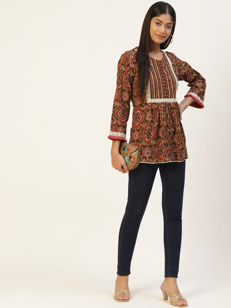 Mustard Yellow & Brown Pure Cotton Block Print A-Line Top