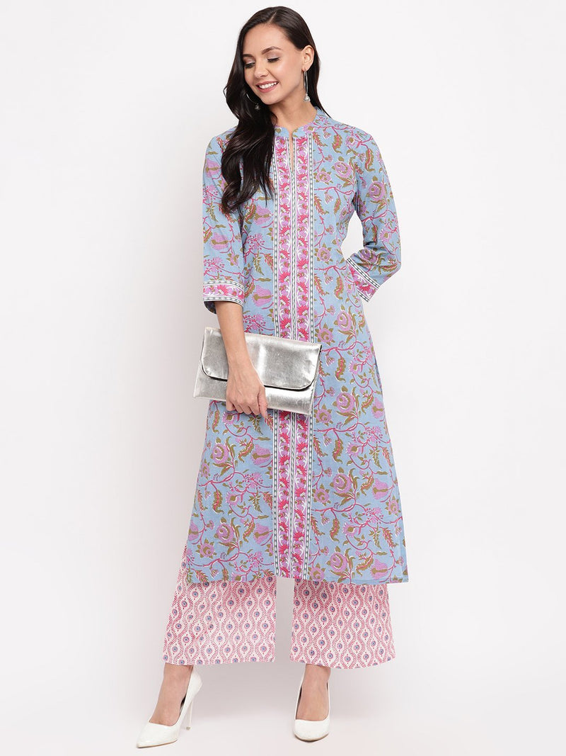 whl Blue Floral Printed Kurta-Palazzo Set