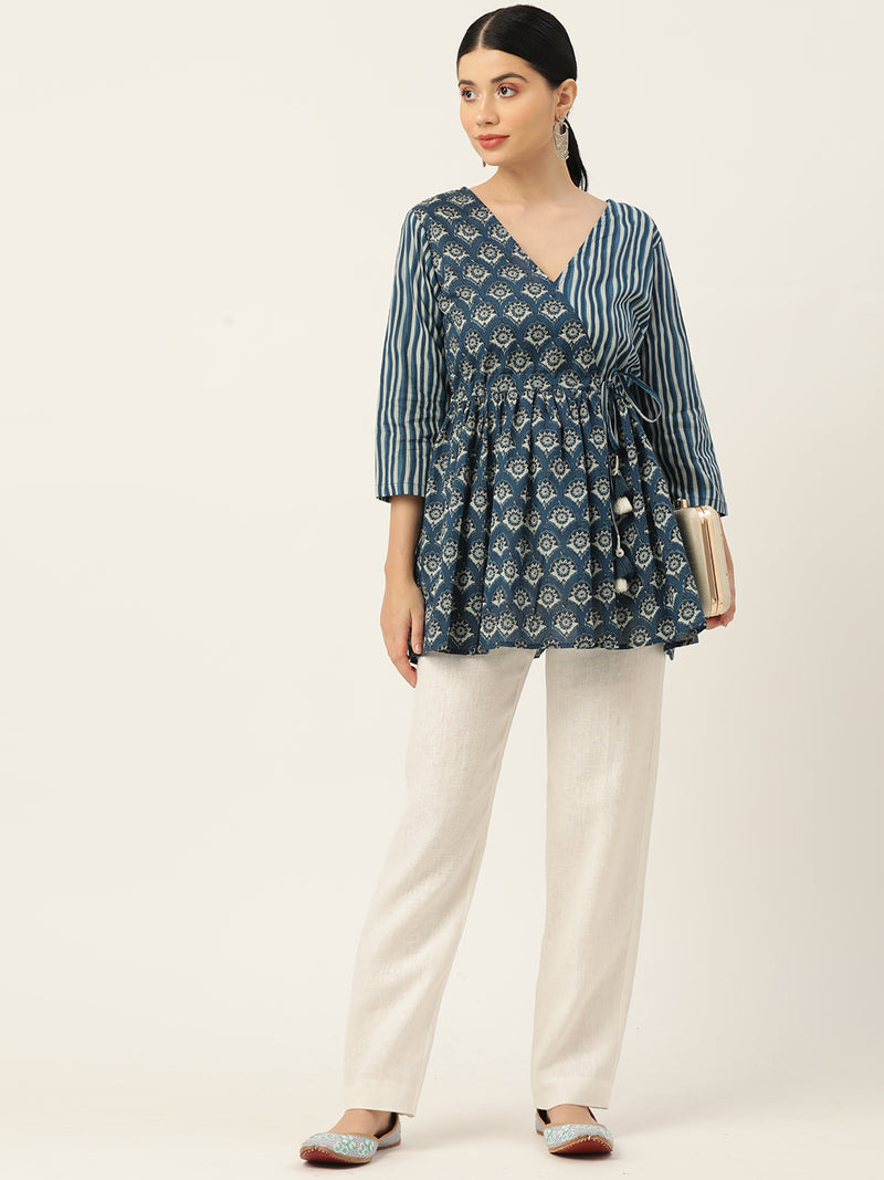 Women Blue Ethnic Motifs Printed Wrap Top