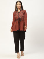 Maroon Print Cotton Cinched Waist Top