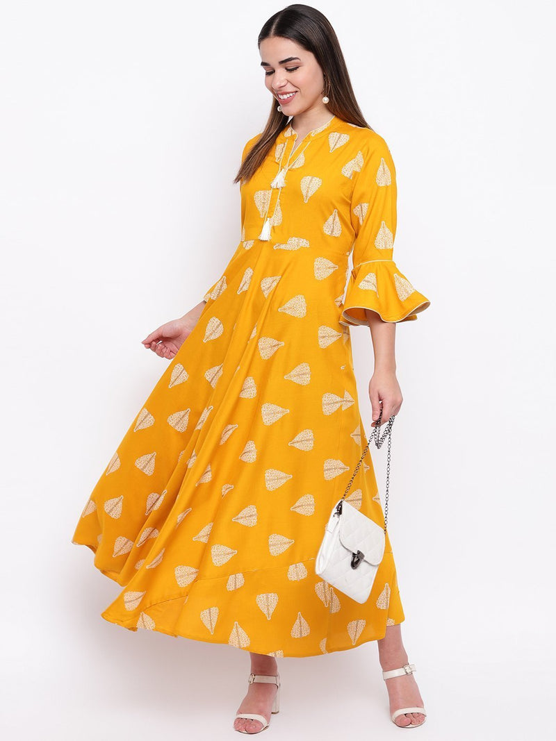 whl Mustard Rayon Printed Maxi Dress