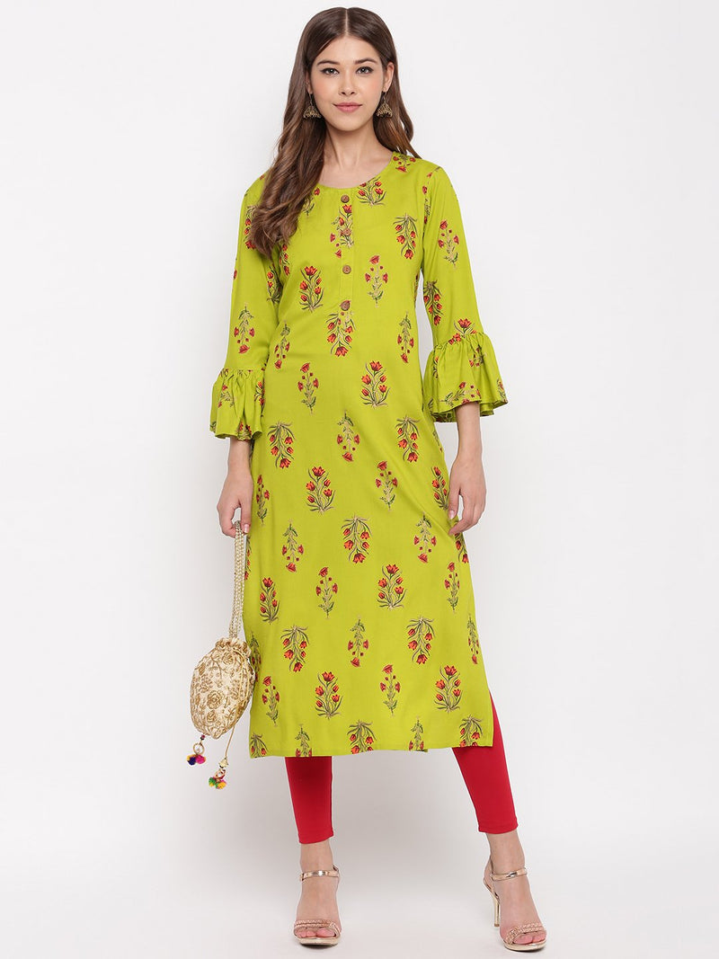 whl Green Rayon Gold Print Kurti