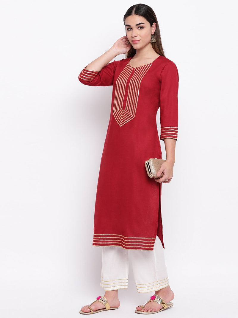 whl Maroon Rayon Gota Lace Kurta & Palazzo Set