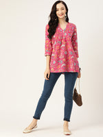 Pink Floral Print Gathered or Pleated Pure Cotton Regular Ethnic Top