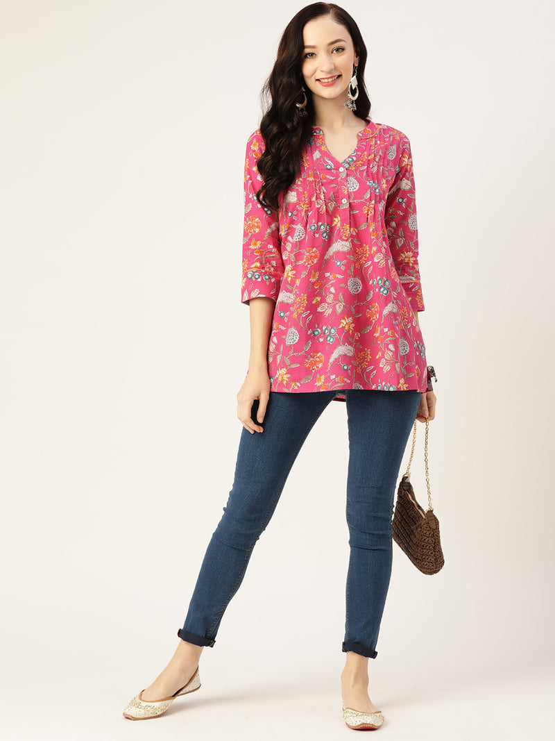 Pink Floral Print Gathered or Pleated Pure Cotton Regular Ethnic Top