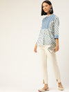 Off White & Blue Print Mandarin Collar Top