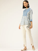 Off White & Blue Print Mandarin Collar Top