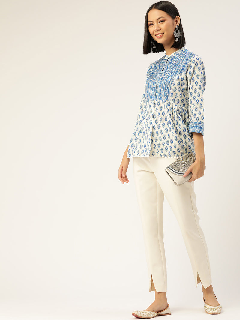 Off White & Blue Print Mandarin Collar Top