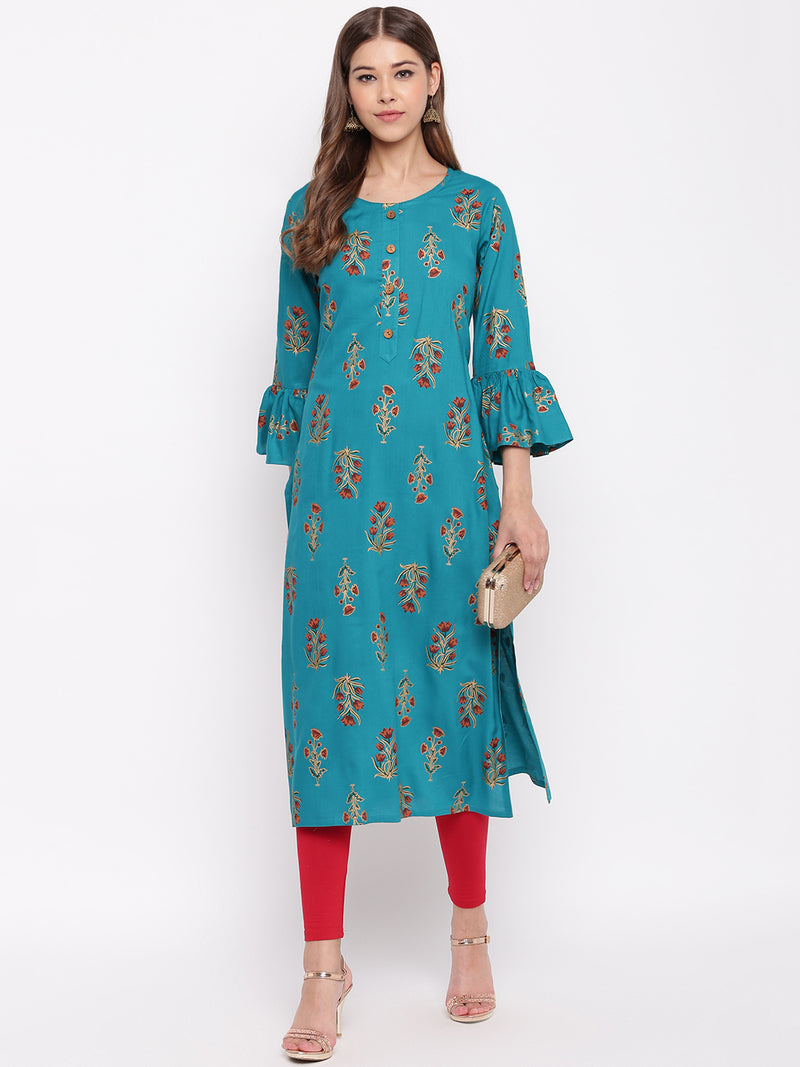 whl Blue Rayon Gold Print Kurti