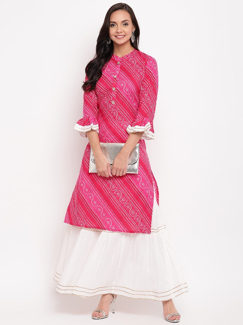 whl Pink Bandhani Kurta-Skirt Set