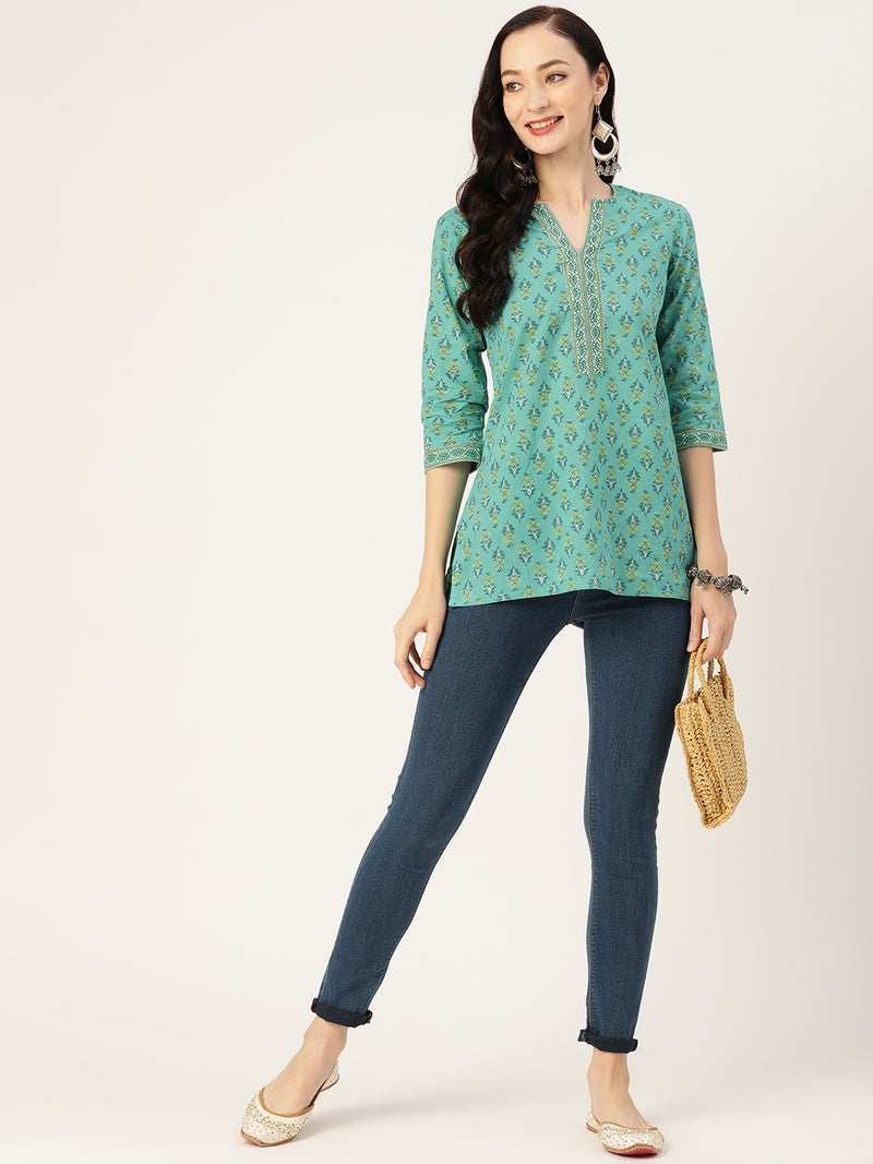 Sea Green Ethnic Motifs Print Pure Cotton Regular Ethnic Top