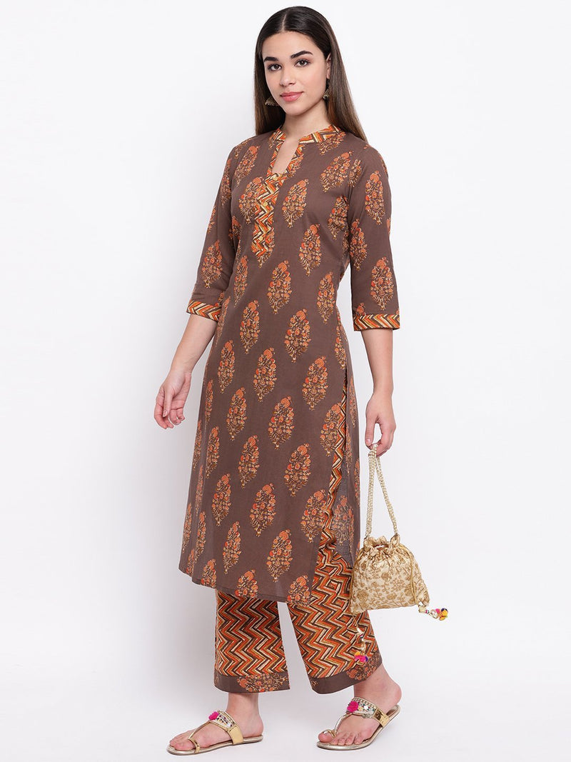 whl Grey Printed Cotton Kurta-Palazzo Set