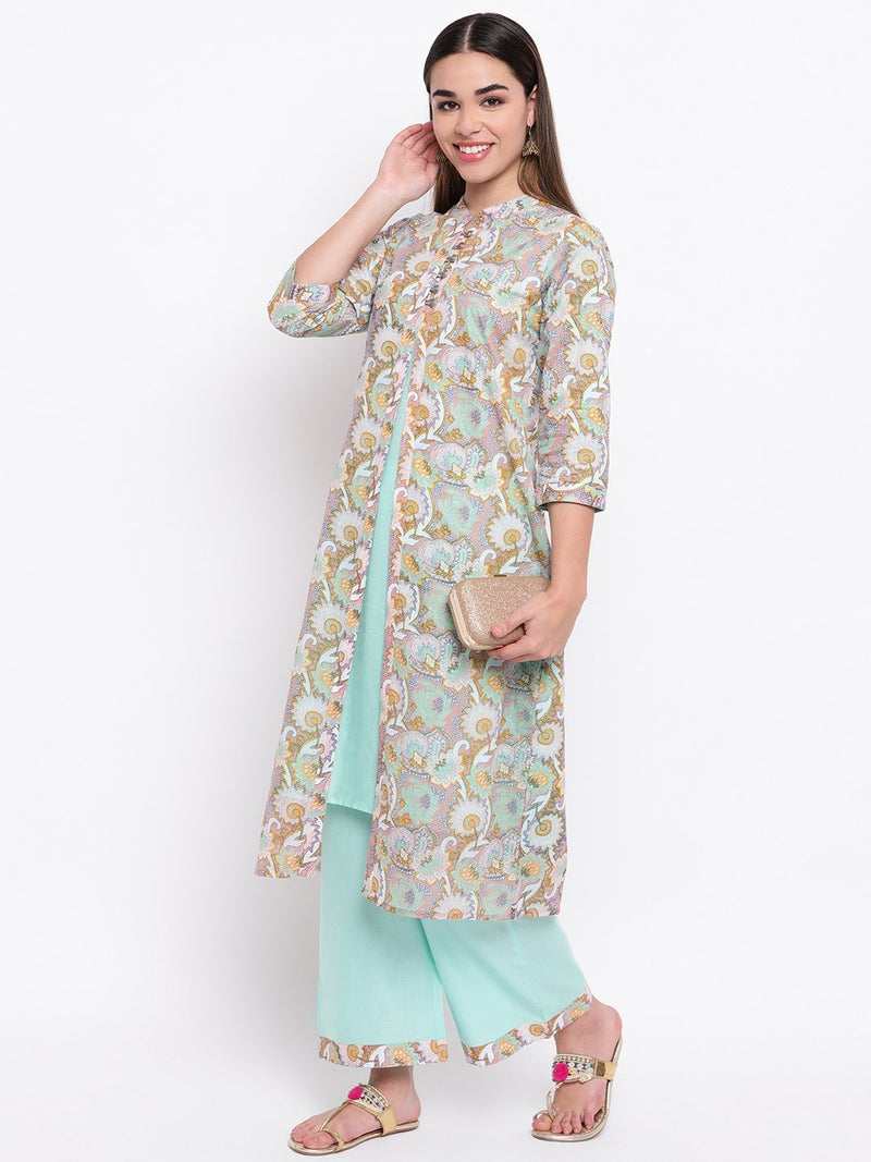 whl Green Printed Inner-Jacket Attached & Palazzo Set