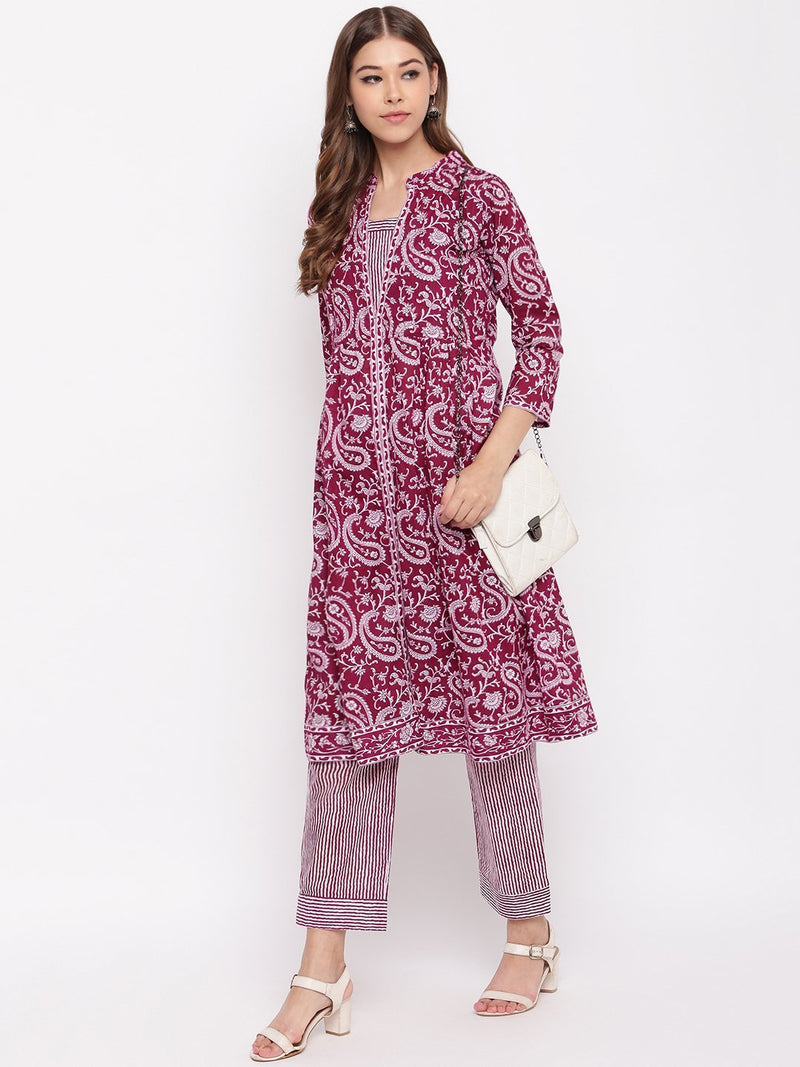 whl Wine Paisley Printed Kurta-Pants Set