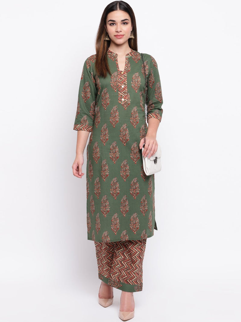 whl Green Printed Cotton Kurta-Palazzo Set