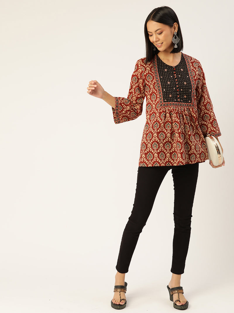 Maroon Cotton Ethnic Hand Block Print A-Line Top