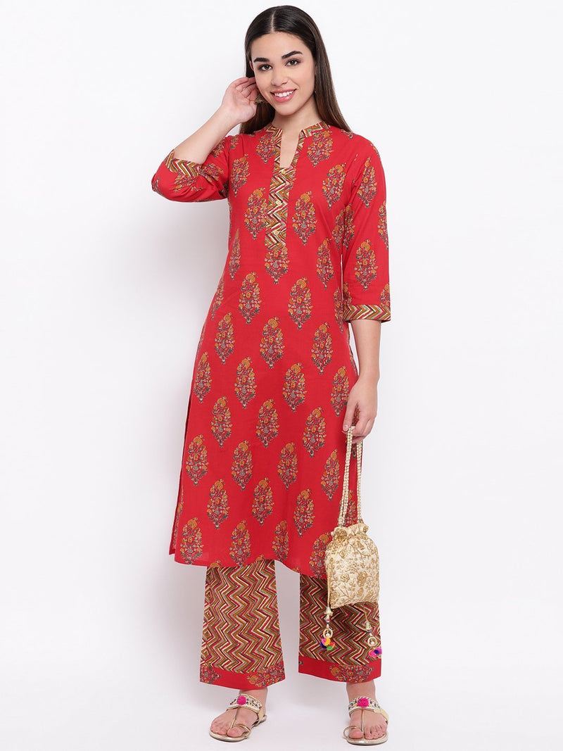 whl Red Printed Cotton Kurta-Palazzo Set