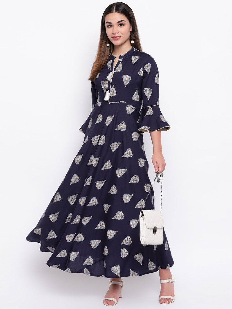 whl Navy Blue Rayon Printed Maxi Dress