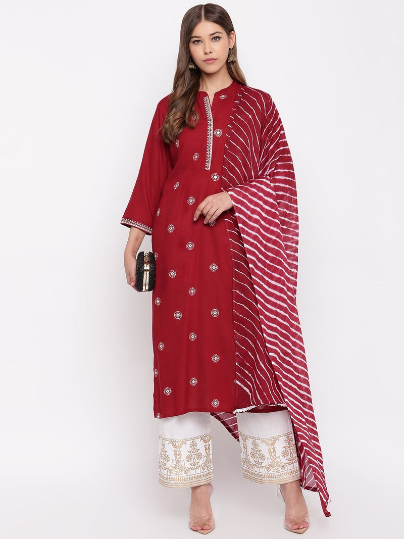 whl Maroon Rayon Embroidered Kurta With Palazzo And Dupatta