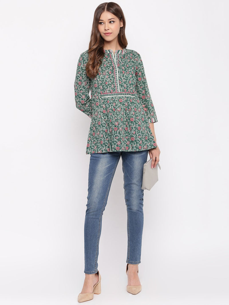 whl Green Cotton Printed Pintucks Top