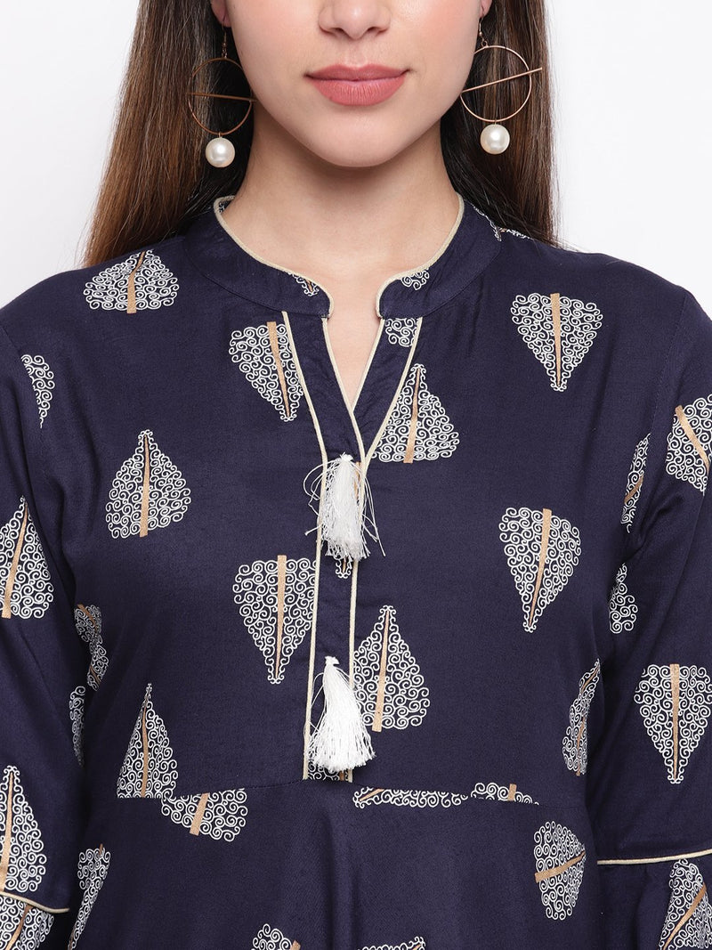 whl Navy Blue Rayon Printed Maxi Dress
