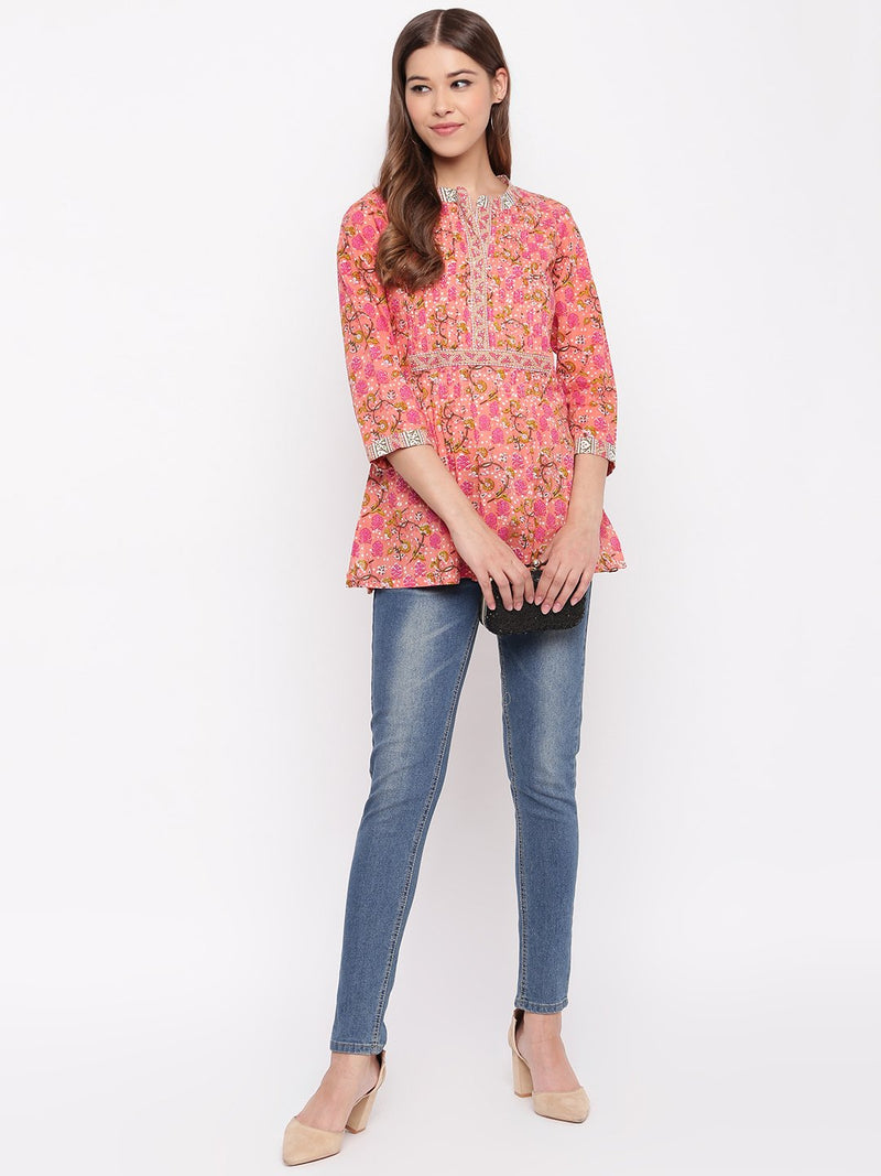 whl Pink Cotton Printed Pintucks Top
