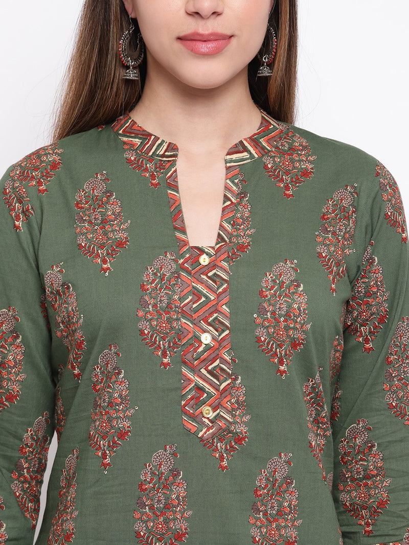 whl Green Printed Cotton Kurta-Palazzo Set