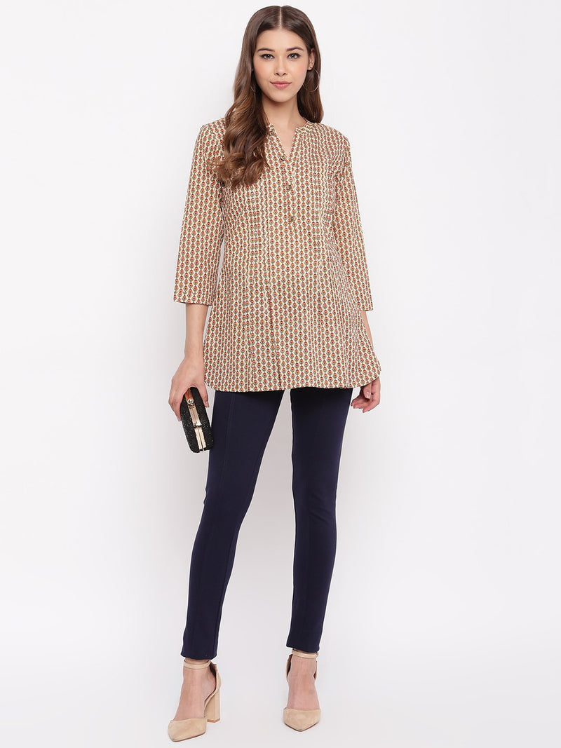 whl Beige Cherry Print Pintucks Top