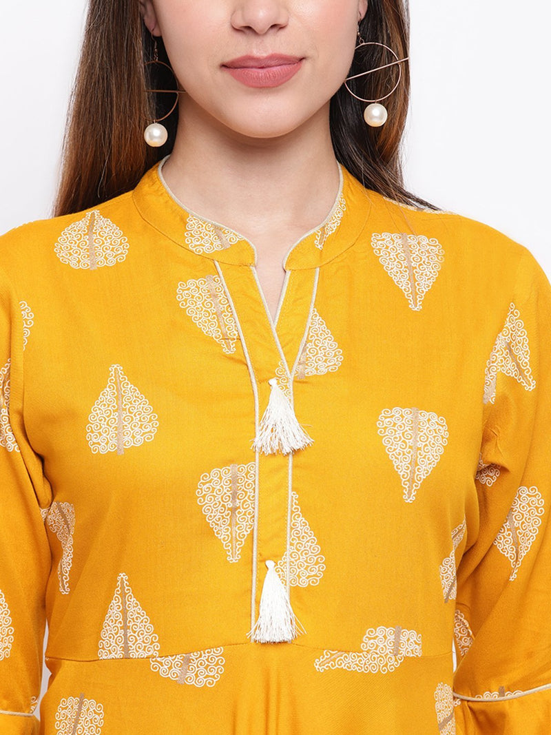 Mustard Rayon Printed Maxi Dress