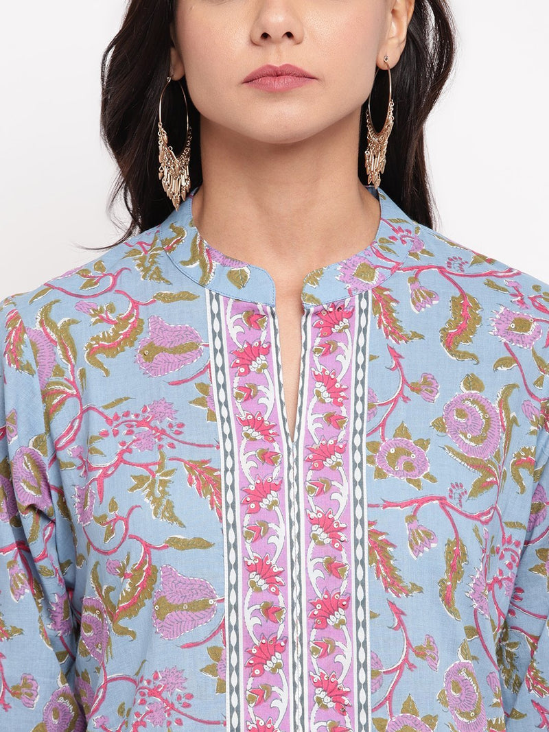 whl Blue Floral Printed Kurta-Palazzo Set