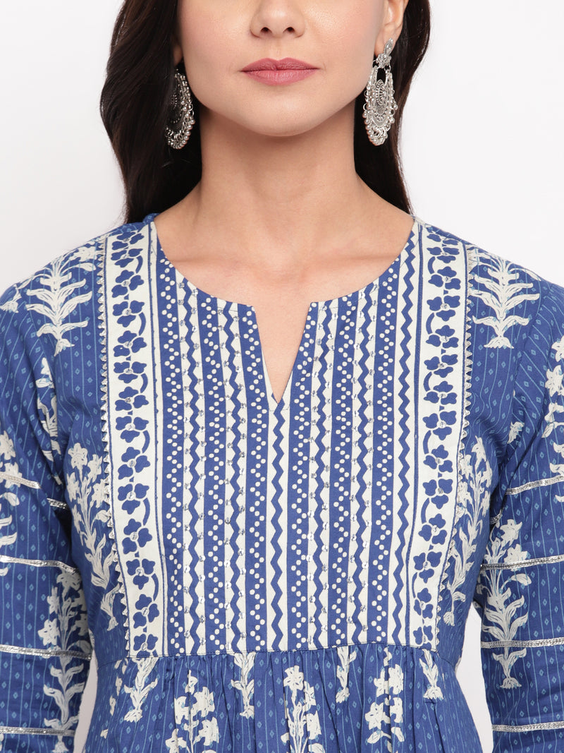 Jharokha Indigo printed Anarkali Kurta and Pants Set