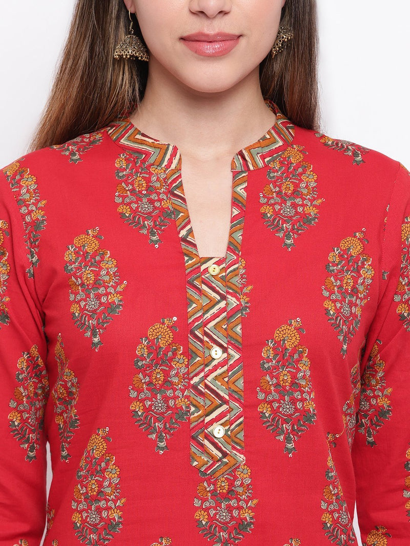 whl Red Printed Cotton Kurta-Palazzo Set
